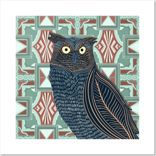 Decorated Great Horned Owl on Modern Pattern Posters and Art